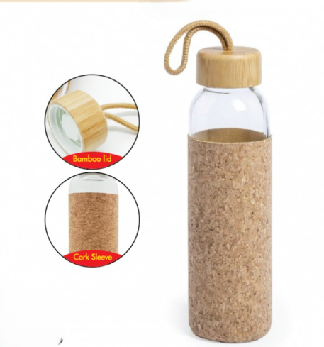 Glass Bottle With Cork Sleeve and Bamboo Lid - Novelty