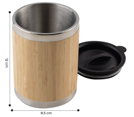 Stainless steel mug with bamboo body and black PP lid - Novelty