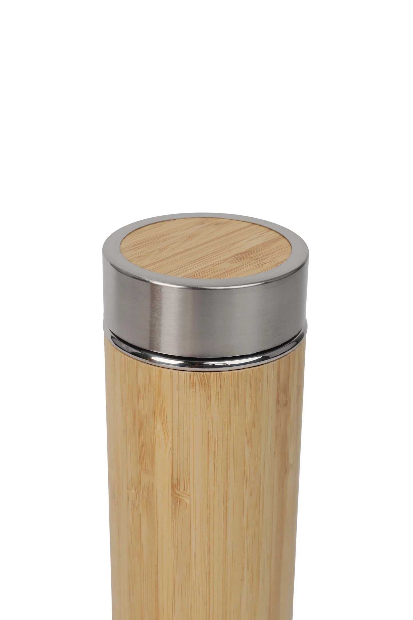 Bamboo Flask with Infuser featuring a sleek bamboo body and stainless steel lid for eco-friendly hydration.