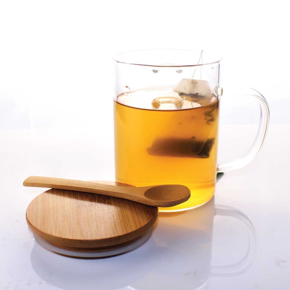 Clear Glass Mug with Bamboo Lid and Spoon - Novelty