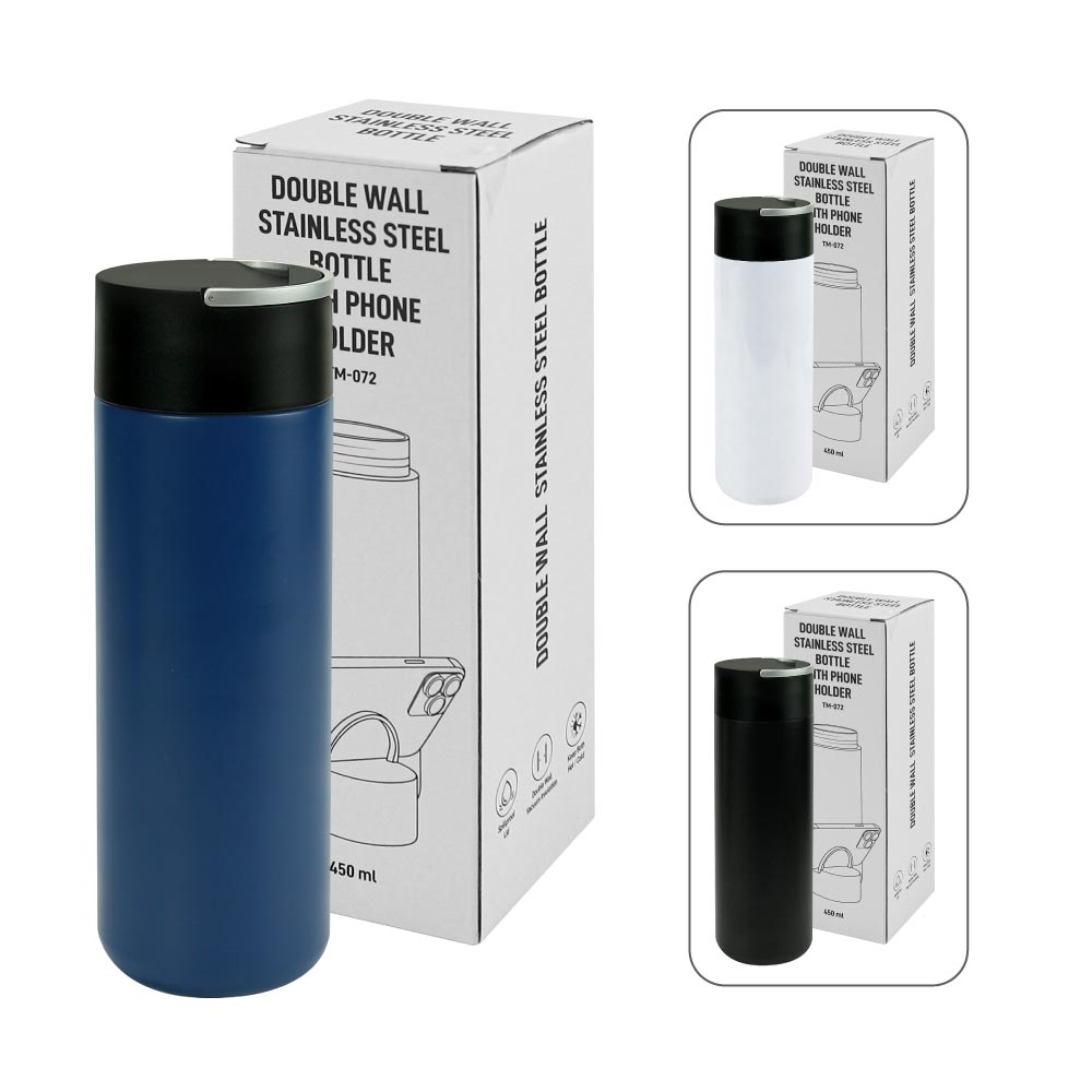 Double Wall SS Bottles, Twist-off Lid with Phone Holder 600ml - Novelty