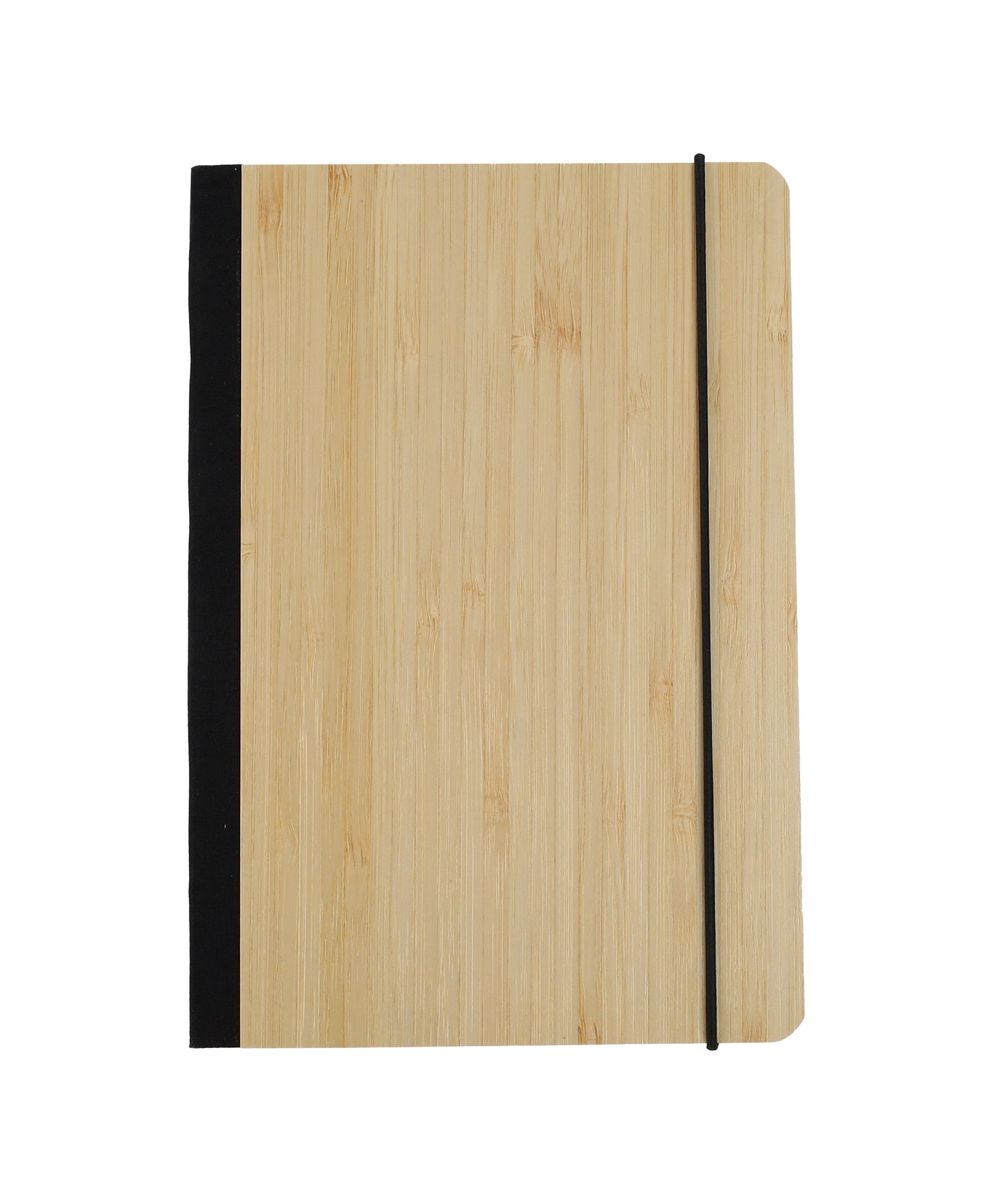 Bamboo Notebook with natural wood cover, black spine, and elastic band for secure closure on white background