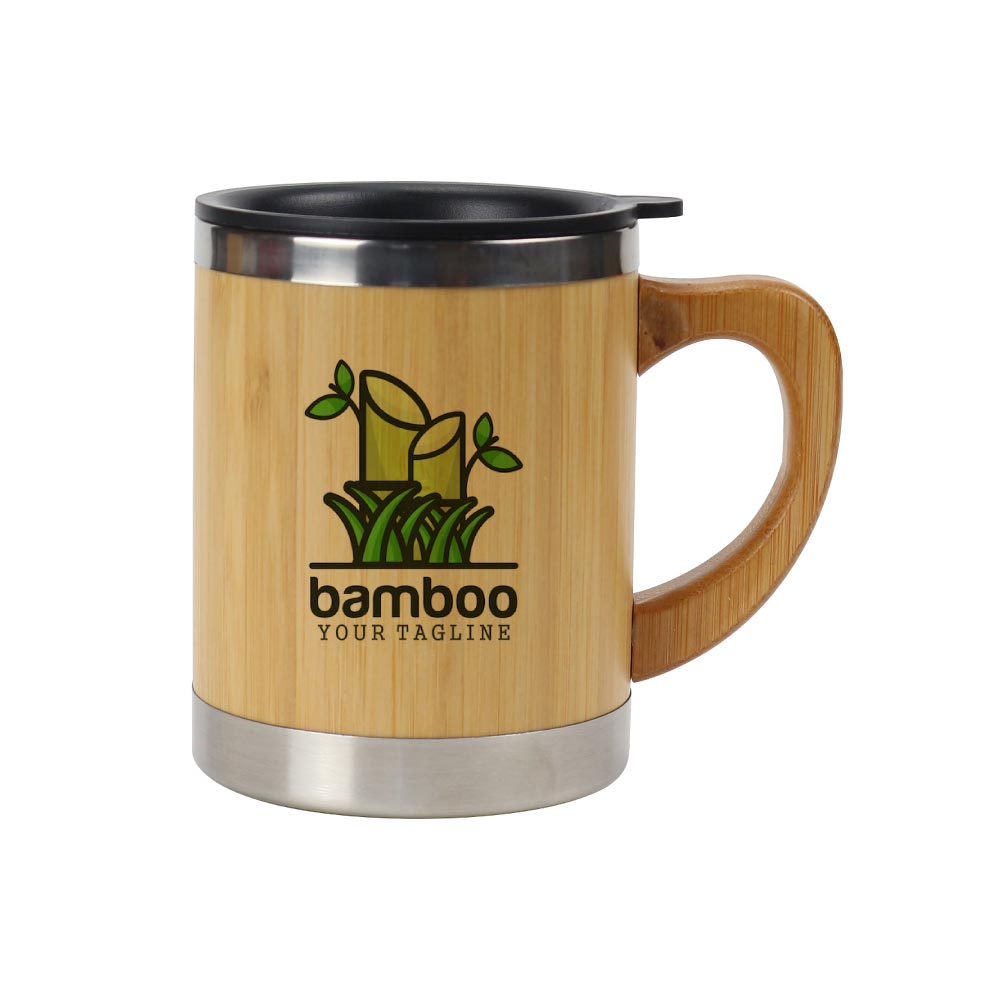 Bamboo & Stainless Steel Coffee Travel Mug with Handle and Lid - Novelty