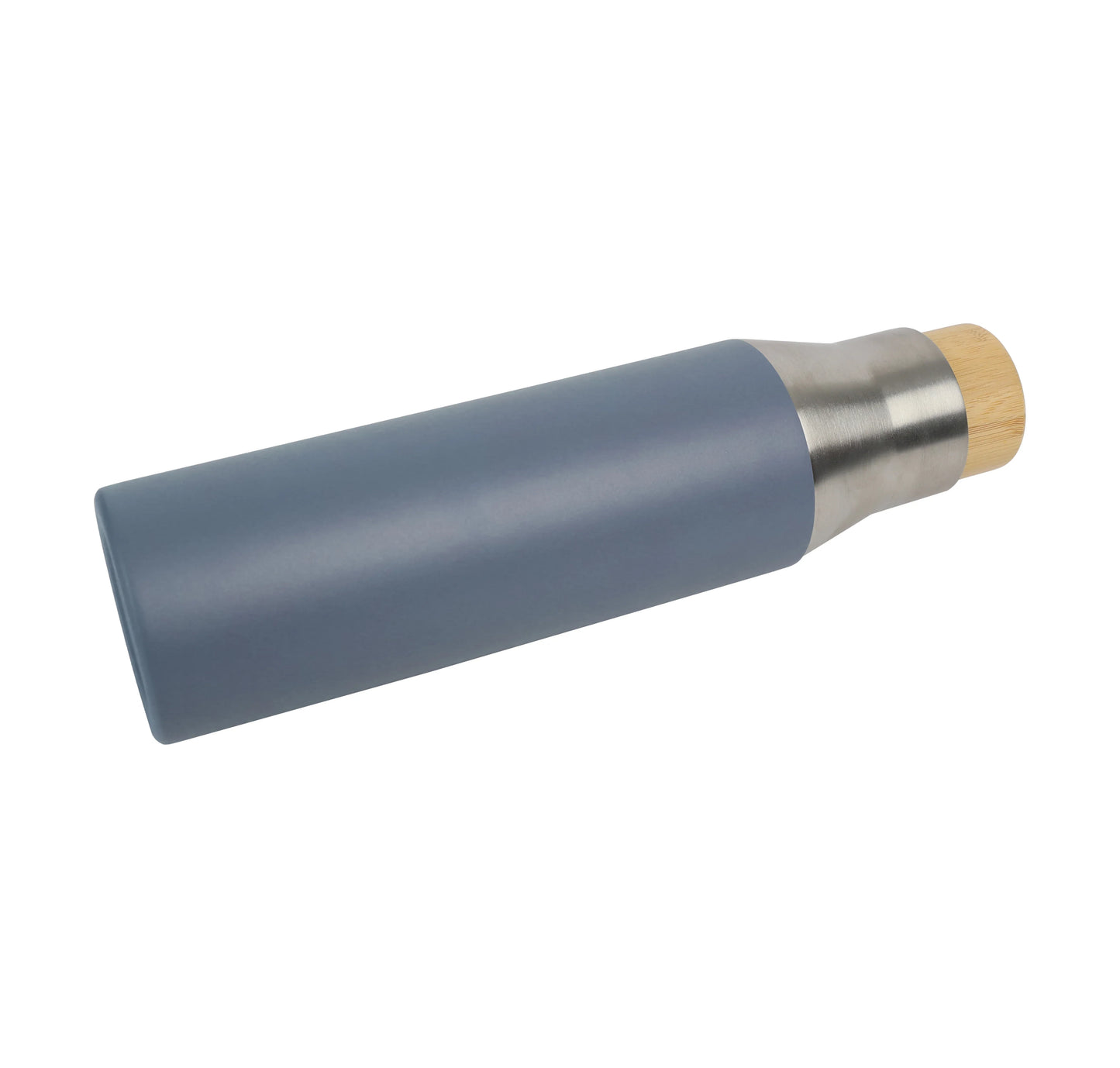 Sleek blue insulated Vacuum Bottle with stainless steel neck and natural wood cap for stylish hydration on the go