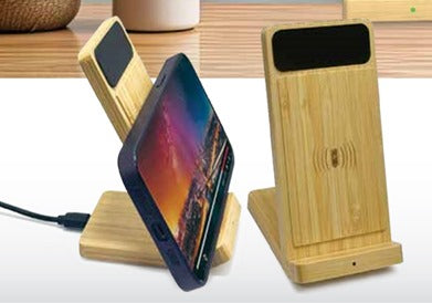 BAMBOO PHONE HOLDER WIRELESS CHARGER LIGHT UP LOGO - Novelty