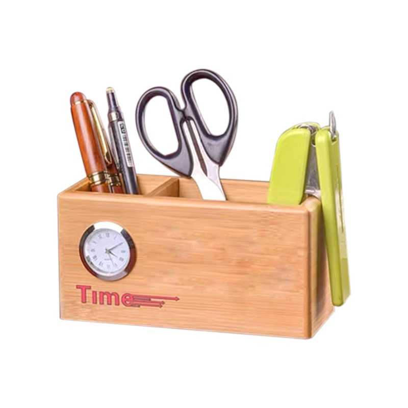 WOODEN PEN STAND CARD HOLDER WITH CLOCK - Novelty