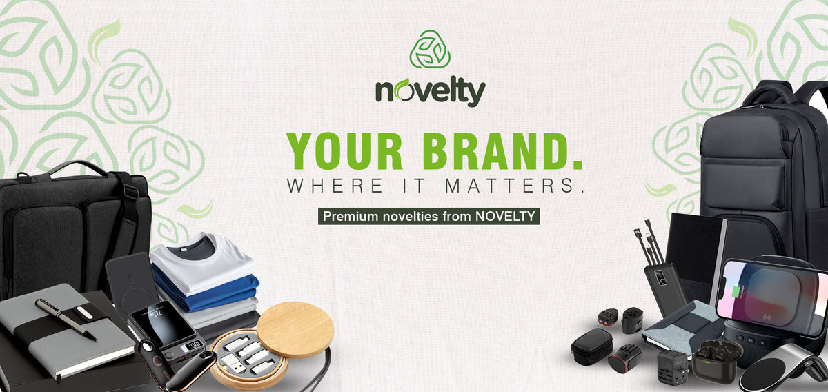 Corporate branded items including bags, apparel, tech accessories, and office supplies arranged around a logo and slogan.