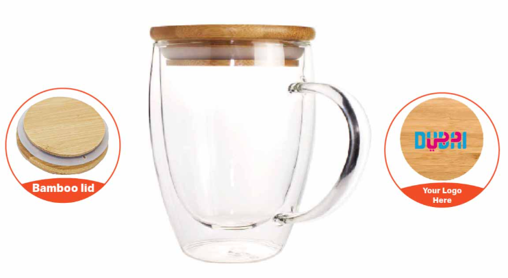 Double Wall Clear Glass Mug with Bamboo lid - Novelty
