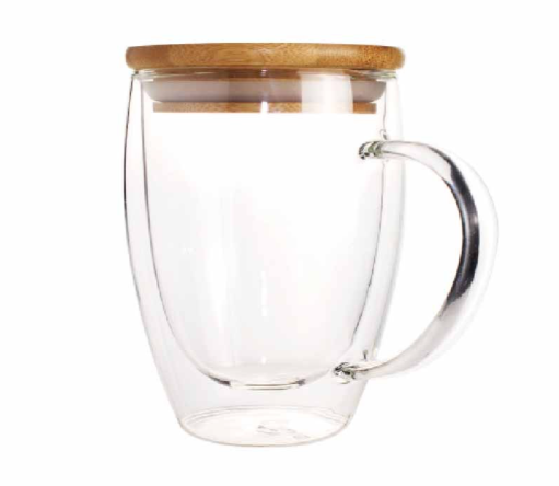 Double Wall Clear Glass Mug with Bamboo lid - Novelty