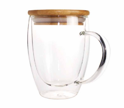 Double Wall Clear Glass Mug with Bamboo lid - Novelty