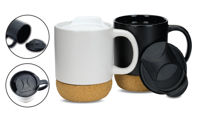 Black & White Ceramic Mug with Lid and Cork base - Novelty