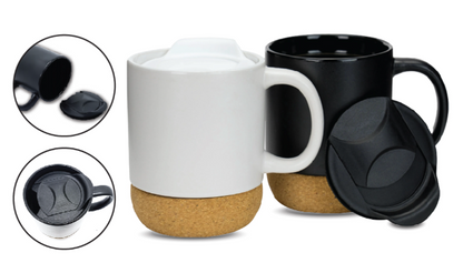 Black & White Ceramic Mug with Lid and Cork base - Novelty