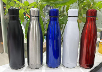 Set of five colorful Thermal Bottle 500ml bottles in black, silver, blue, white, and red on a white surface.