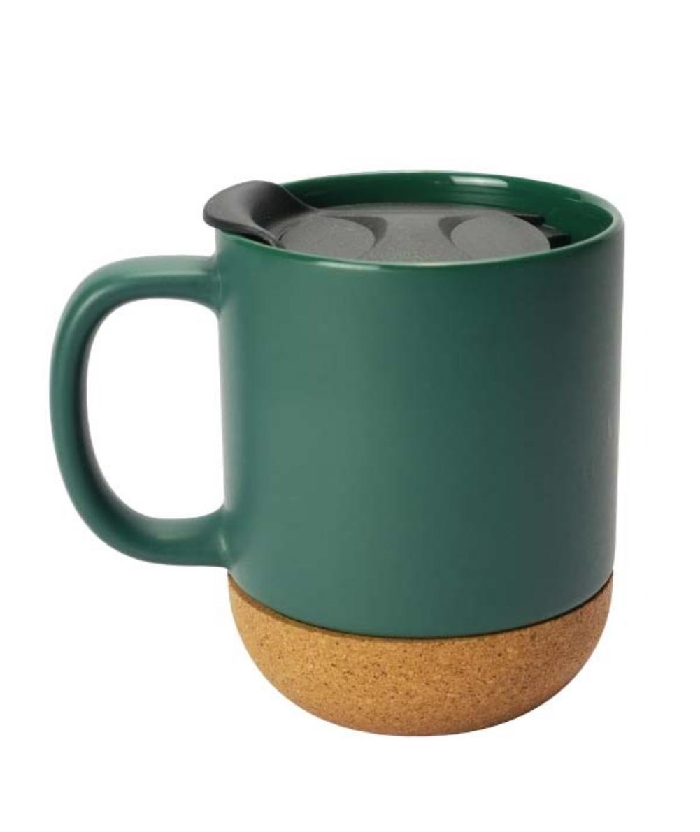 Green ceramic mug with cork bottom and black lid designed for comfortable, spill-resistant drinking Ceramic Mug with Cork Bottom
