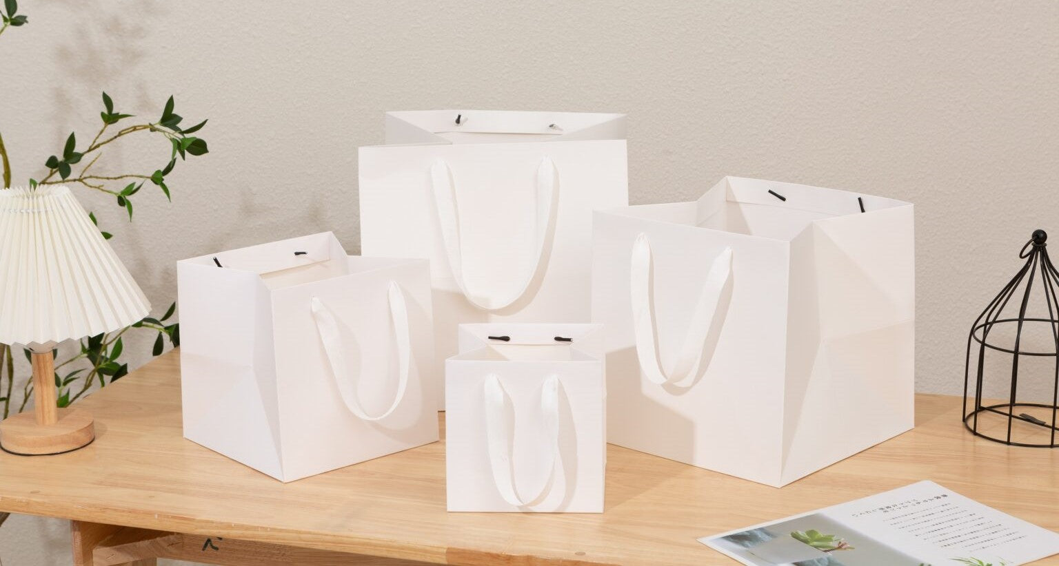 Square Base Plain White Paper Bags with Ribbon Handle - Novelty
