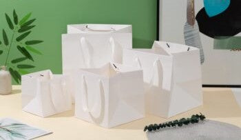 Square Base Plain White Paper Bags with Ribbon Handle - Novelty