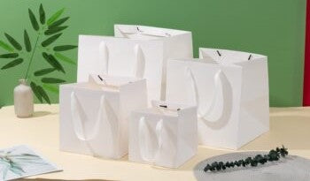 Square Base Plain White Paper Bags with Ribbon Handle - Novelty