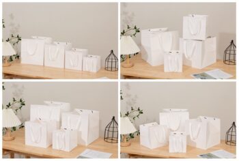 Square Base Plain White Paper Bags with Ribbon Handle - Novelty