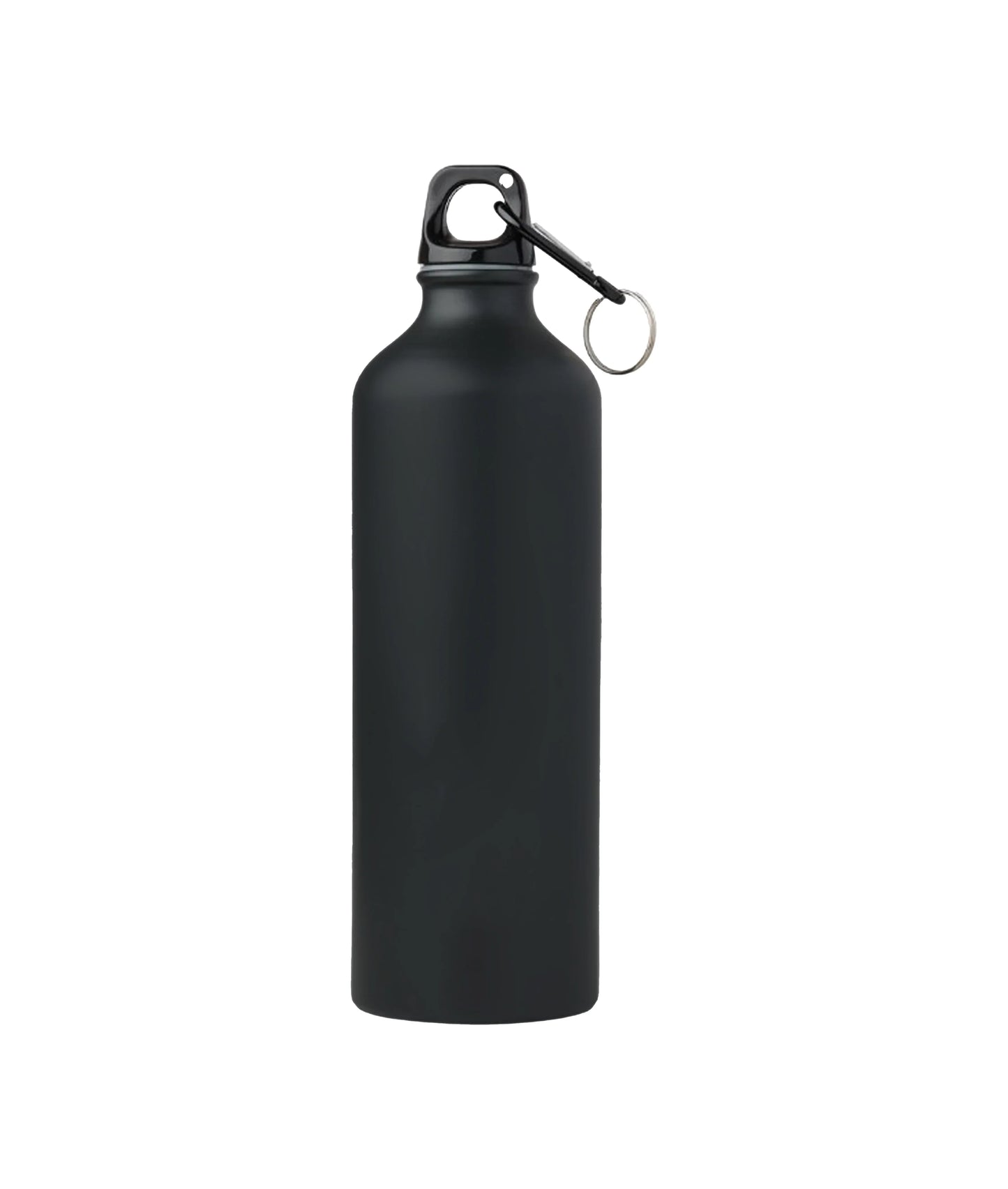 Matte black Aluminium Bottle 750ml with carabiner clip and keyring for easy carrying and outdoor use.