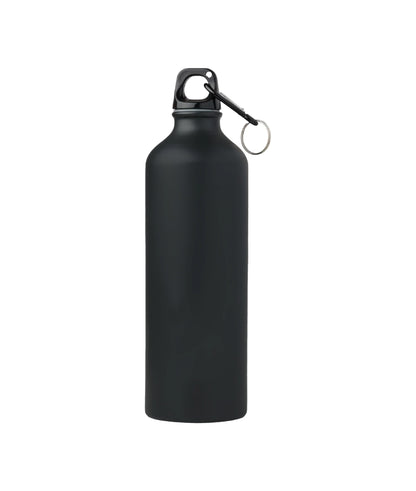 Matte black Aluminium Bottle 750ml with carabiner clip and keyring for easy carrying and outdoor use.