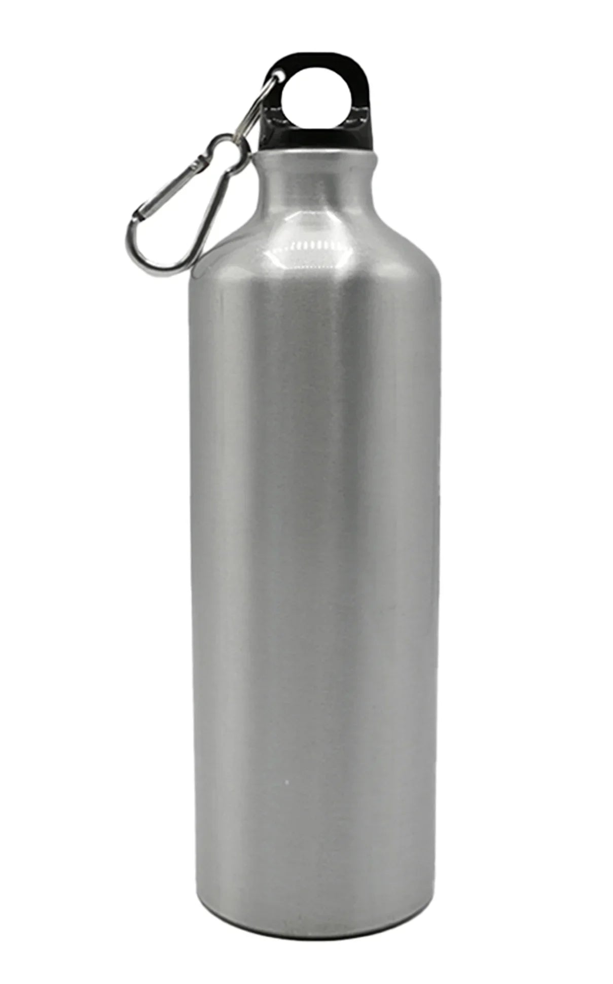 Aluminium Bottle 750ml with sleek silver finish and attached carabiner for easy carrying and outdoor use