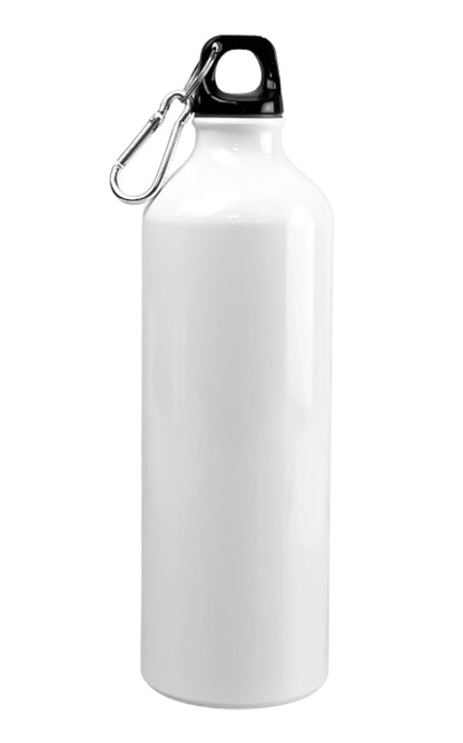 Aluminium Bottle 750ml in white with black screw cap and attached metal carabiner clip for easy carrying