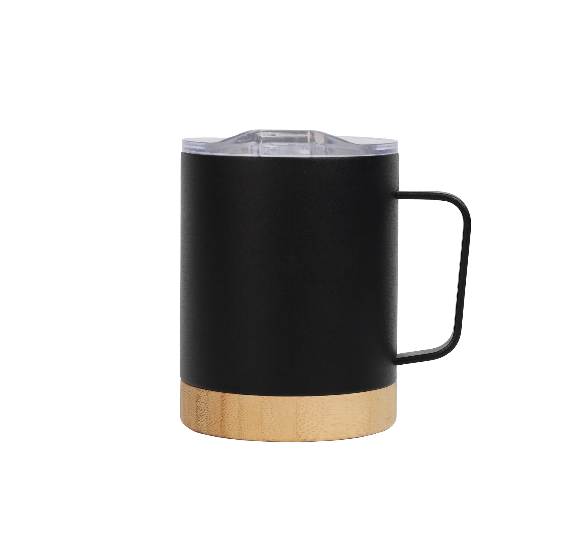 Bamboo Base Mug with black body, clear lid, and wooden base, designed for stylish and practical beverage use.