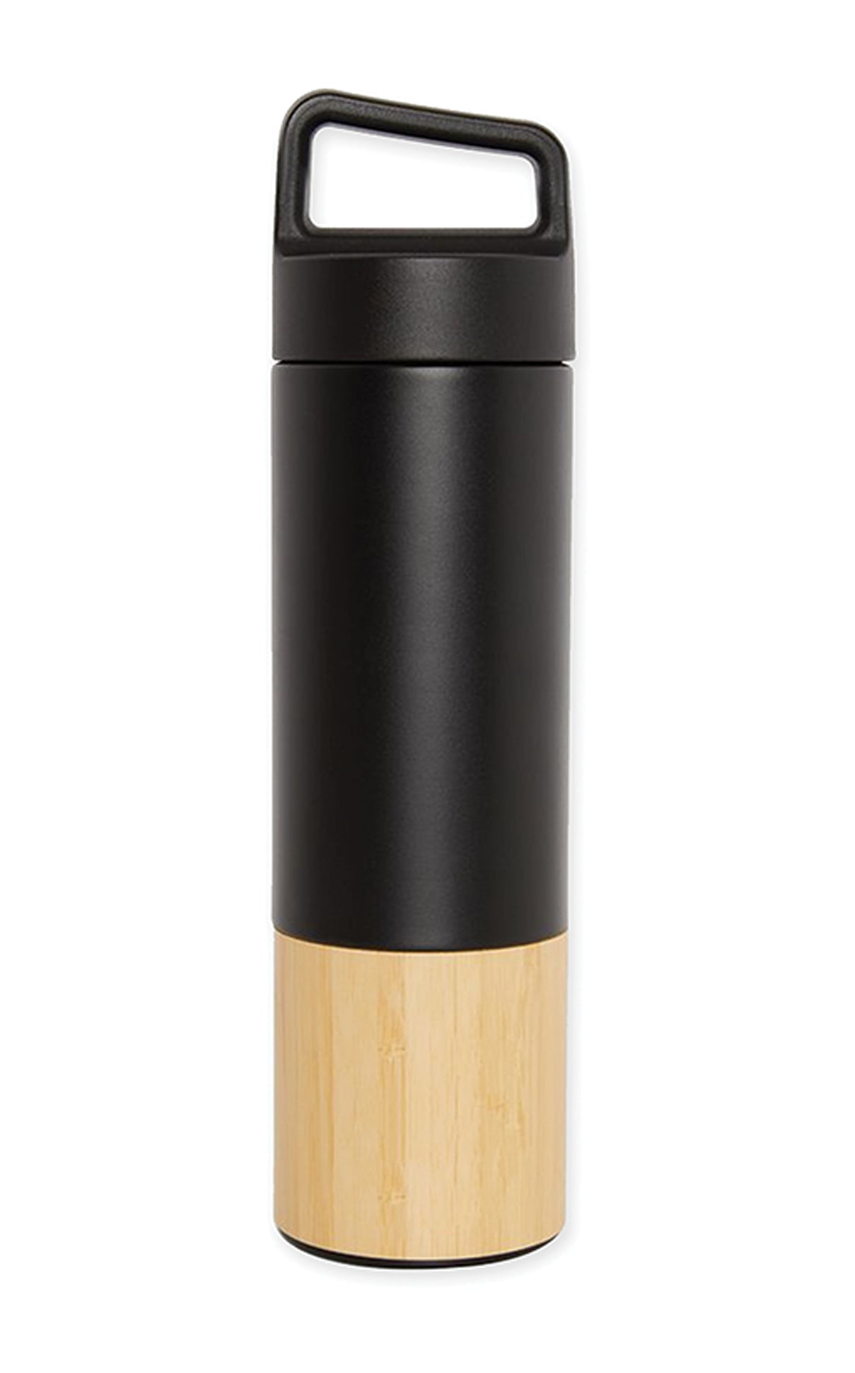 Black insulated bottle with bamboo bottom and carrying handle, Bamboo Bottom Insulated Stainless Steel Bottle