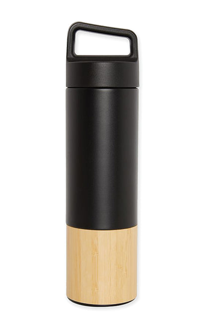Black insulated bottle with bamboo bottom and carrying handle, Bamboo Bottom Insulated Stainless Steel Bottle