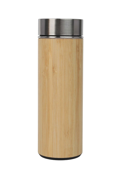 Bamboo Flask with Infuser featuring natural bamboo exterior and stainless steel lid for stylish and eco-friendly beverage storage.
