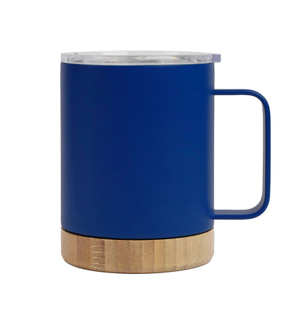 Bamboo Base Mug in matte blue with a wooden bamboo base and a clear plastic lid, handle on the side.