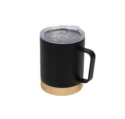 Black insulated mug with clear lid and bamboo base handle, designed for hot and cold beverages Bamboo Base Mug