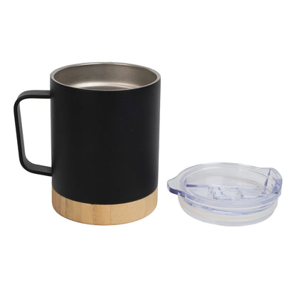 Bamboo Base Mug with black body and wooden base, featuring a removable clear plastic lid for convenience and spill prevention