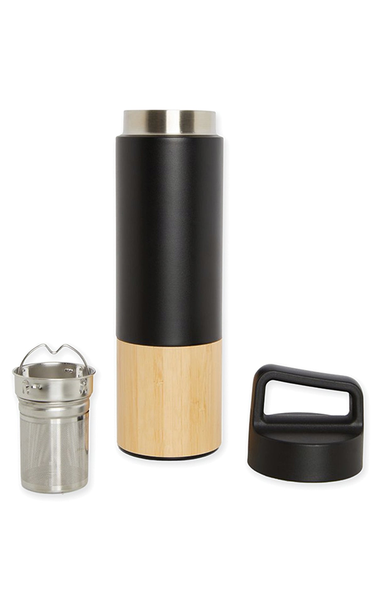 Bamboo Bottom Insulated Stainless Steel Bottle with black finish, bamboo base, tea infuser, and detachable handle lid displayed separately
