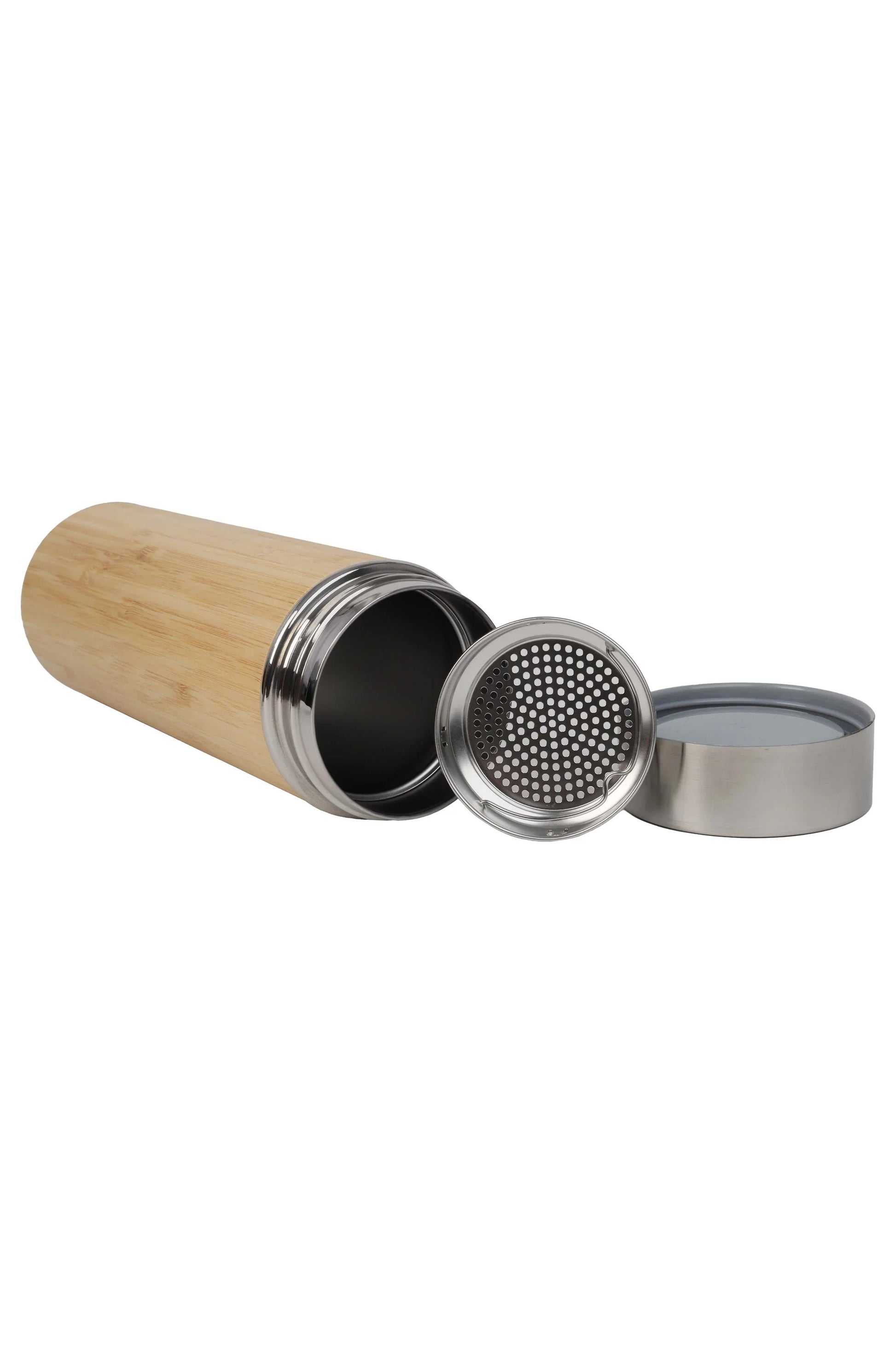 Bamboo Flask with Infuser showing open lid and removable infuser strainer on a white background
