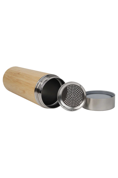 Bamboo Flask with Infuser showing open lid and removable infuser strainer on a white background
