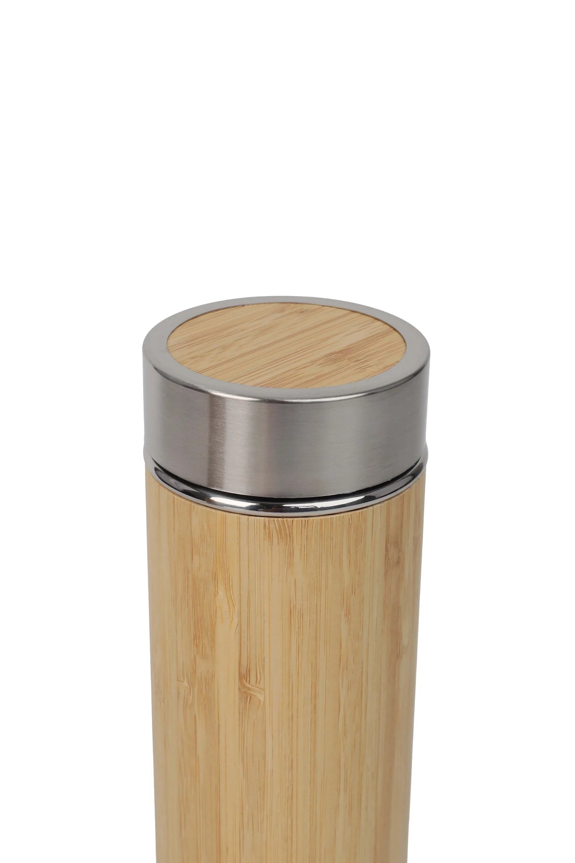 Bamboo Flask with Infuser featuring a sleek bamboo body and stainless steel lid for eco-friendly hydration.