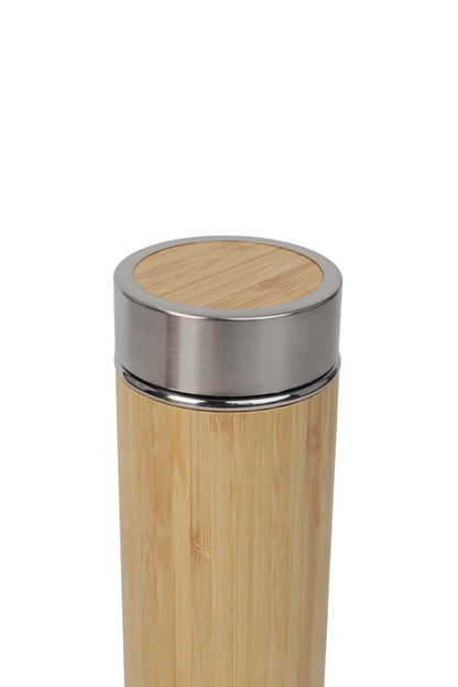 Bamboo Flask with Infuser featuring a sleek bamboo body and stainless steel lid for eco-friendly hydration.