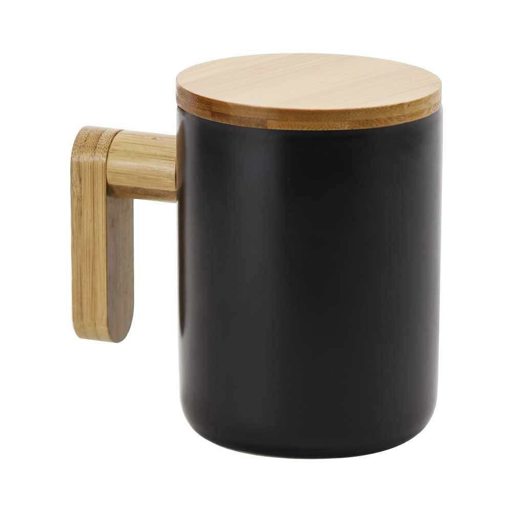 Black Ceramic Coffee Mugs with Bamboo Handle and Lid - Novelty