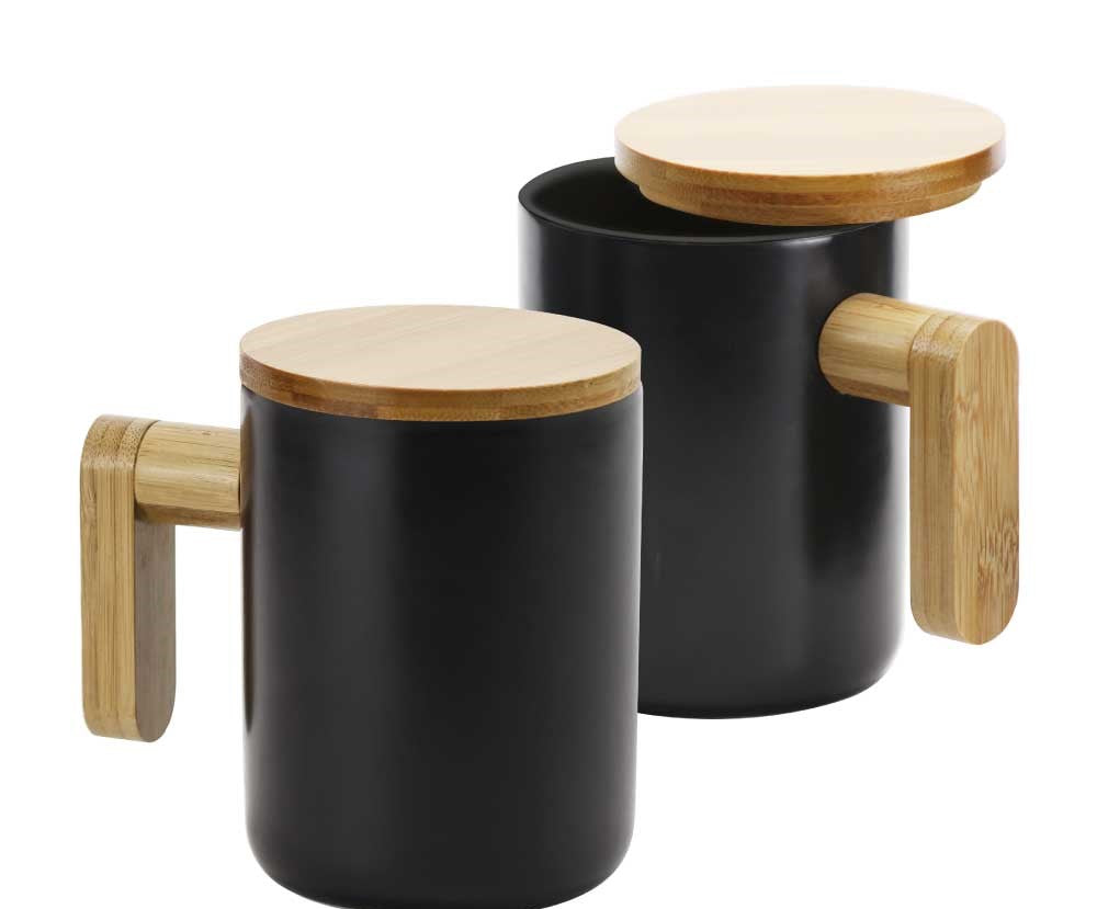 Black Ceramic Coffee Mugs with Bamboo Handle and Lid - Novelty