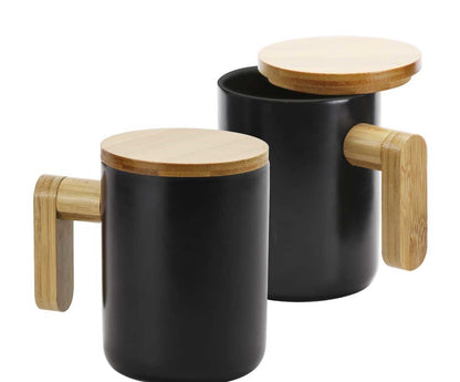 Black Ceramic Coffee Mugs with Bamboo Handle and Lid - Novelty
