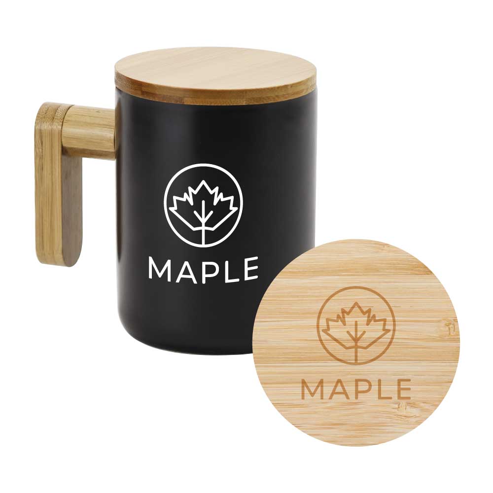 Black Ceramic Coffee Mugs with Bamboo Handle and Lid - Novelty