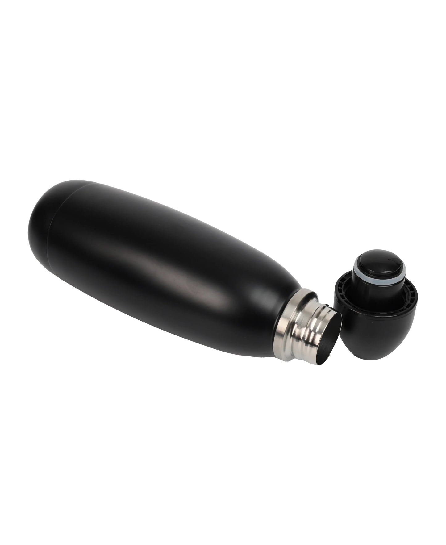Black stainless steel insulated Bullet Bottle with open cap on white background
