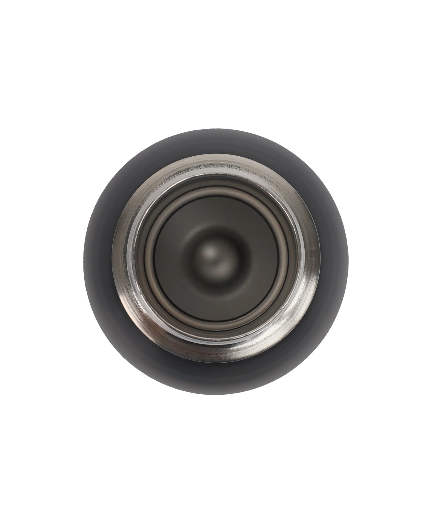 Top view of a black Bullet Bottle showing the stainless steel insulated inner lid and opening.