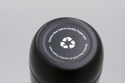Bottom view of Bullet Bottle showing recycling symbol and stainless steel material details
