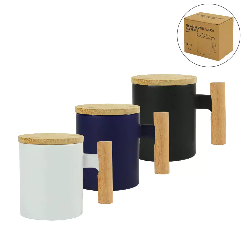 Ceramic Coffee Mugs with Bamboo Handle and Lid 380ml - Novelty