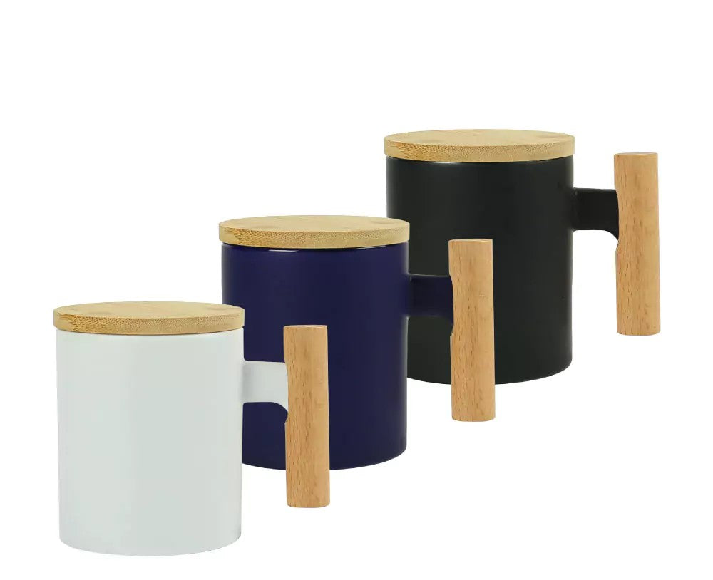 Ceramic Coffee Mugs with Bamboo Handle and Lid 380ml - Novelty