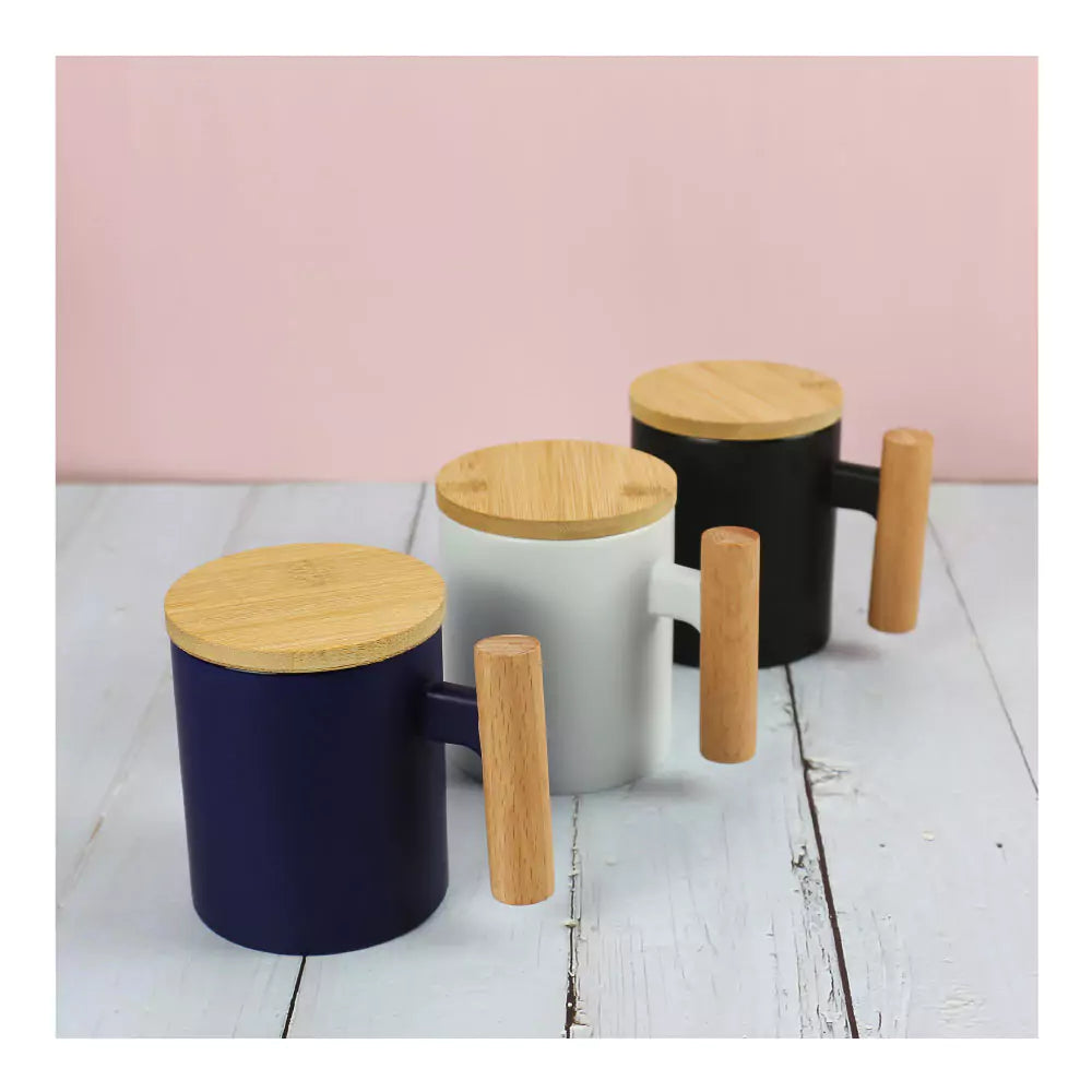 Ceramic Coffee Mugs with Bamboo Handle and Lid 380ml - Novelty