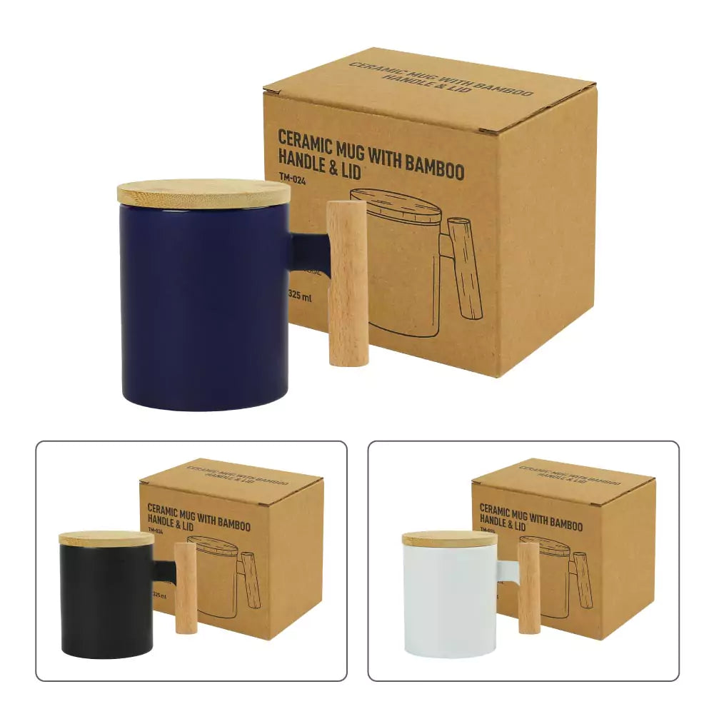 Ceramic Coffee Mugs with Bamboo Handle and Lid 380ml - Novelty