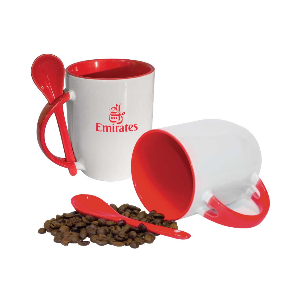Custom Two-Tone Ceramic Mugs Dubai | 325ml Mug with Spoon UAE | Branded Corporate Gifts - Novelty